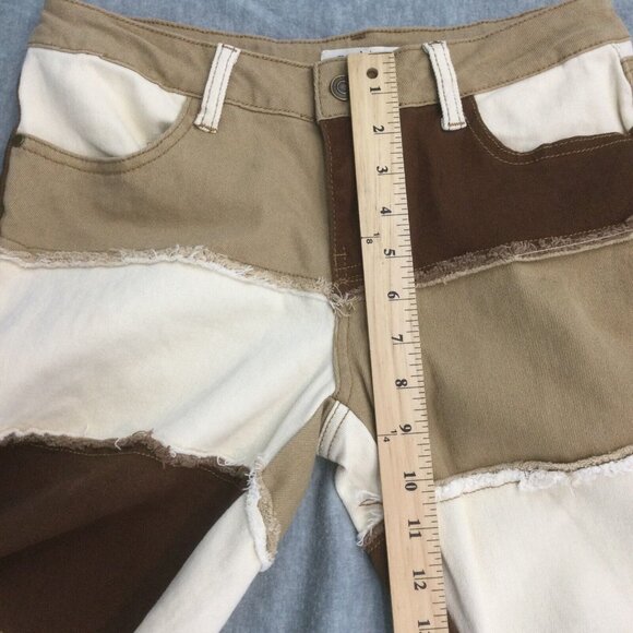 Machine Jeans 7 Flare Patch Brown Colorblock Y2K 90s Bell Bottom Boho - Picture 7 of 15